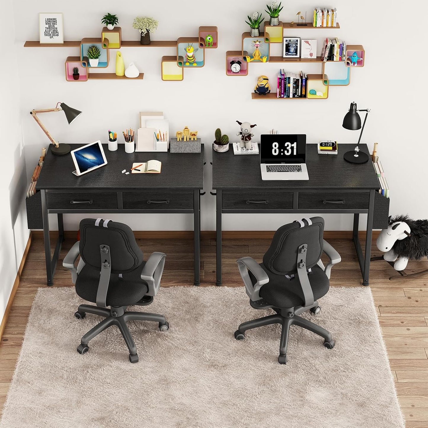 Small Desk with Fabric Drawers for Bedroom, 32 Inch Gaming Desk with 2 Drawers for Small Space, Study Writing Table PC Desks, Black