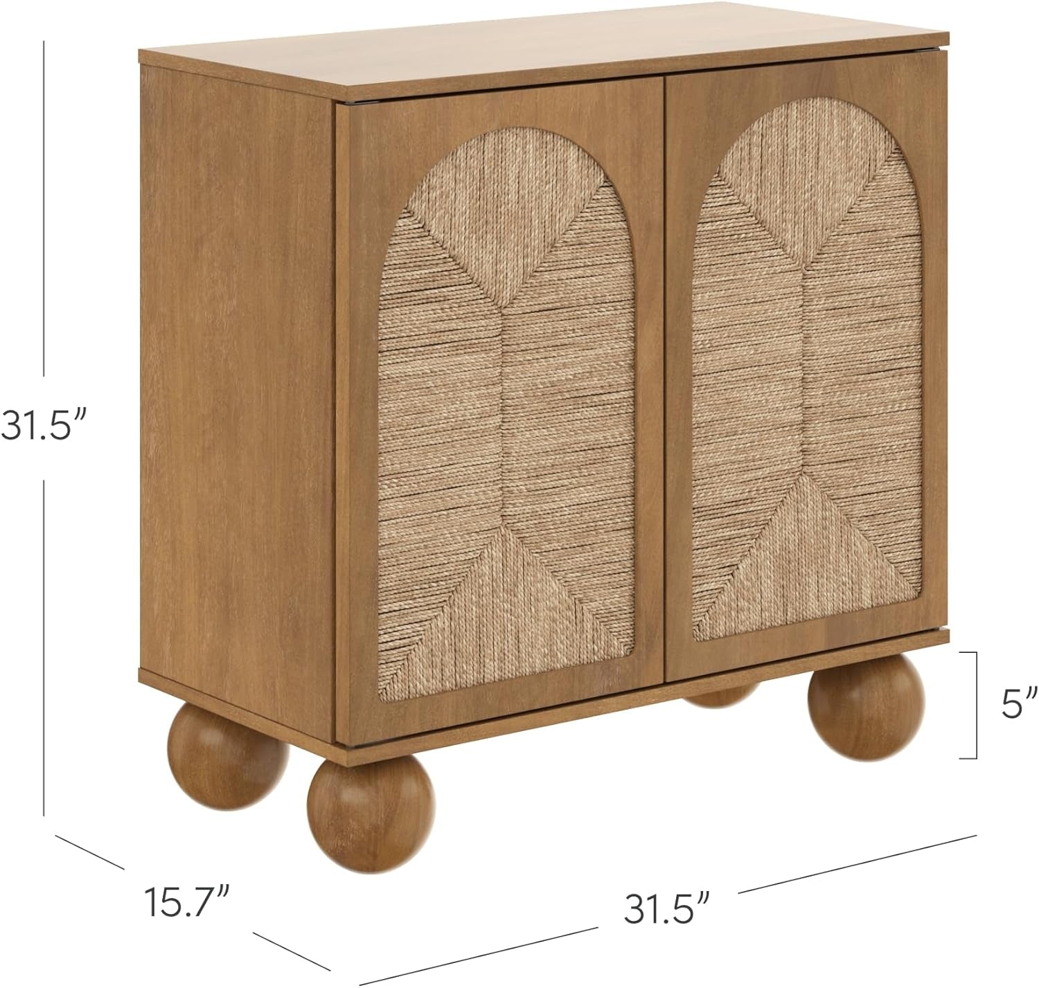 Leah Boho Entryway Storage Cabinet or Sideboard Cabinet for Kitchen or Living Room with Ball-Style Feet, Natural Seagrass Door Fronts and Solid Wood Legs, Light Brown