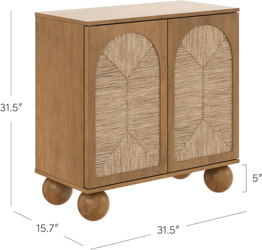 Leah Boho Entryway Storage Cabinet or Sideboard Cabinet for Kitchen or Living Room with Ball-Style Feet, Natural Seagrass Door Fronts and Solid Wood Legs, Light Brown