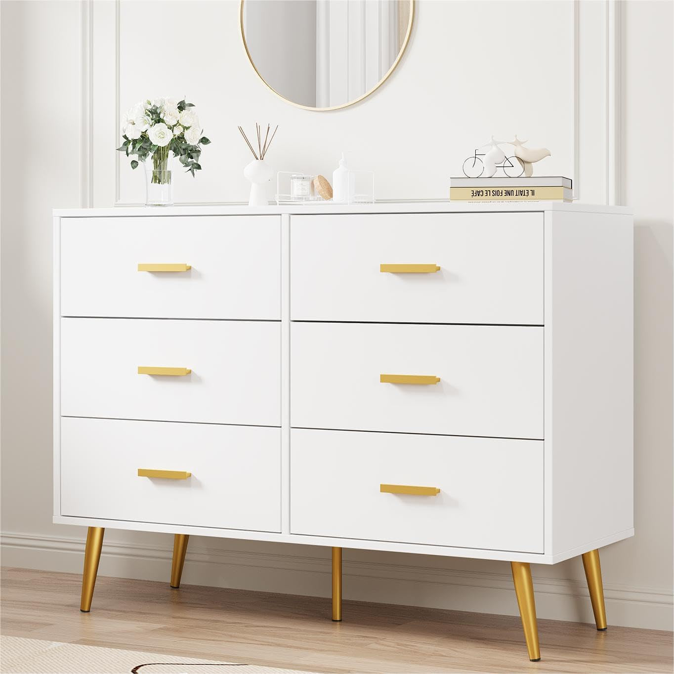 6 Drawer Dresser, Modern Wooden Chest of Drawers with Gold Handles, Deep Drawers for Bedroom, Living Room and Entryway, White