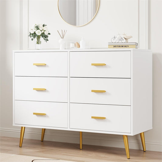 6 Drawer Dresser, Modern Wooden Chest of Drawers with Gold Handles, Deep Drawers for Bedroom, Living Room and Entryway, White