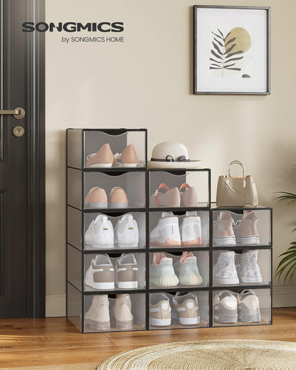Shoe Boxes, Shoe Storage Organizers Rack for Closet, Plastic Stackable Sneaker Containers Case, 12 Pack, Transparent and Ink Black ULSP312B01