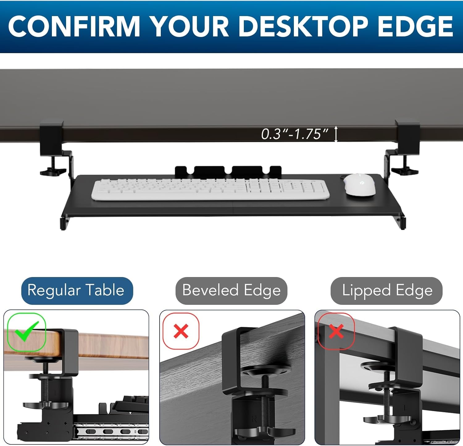 Keyboard Tray under Desk Pull Out with Extra Sturdy Adjustable C Clamp Mount System, 27.3 (32.5 Inch Including Clamps) X 11 Inch Slide-Out Platform Computer Drawer for Typing, Black,Ax01Wb01