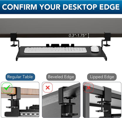 Keyboard Tray under Desk Pull Out with Extra Sturdy Adjustable C Clamp Mount System, 27.3 (32.5 Inch Including Clamps) X 11 Inch Slide-Out Platform Computer Drawer for Typing, Black,Ax01Wb01