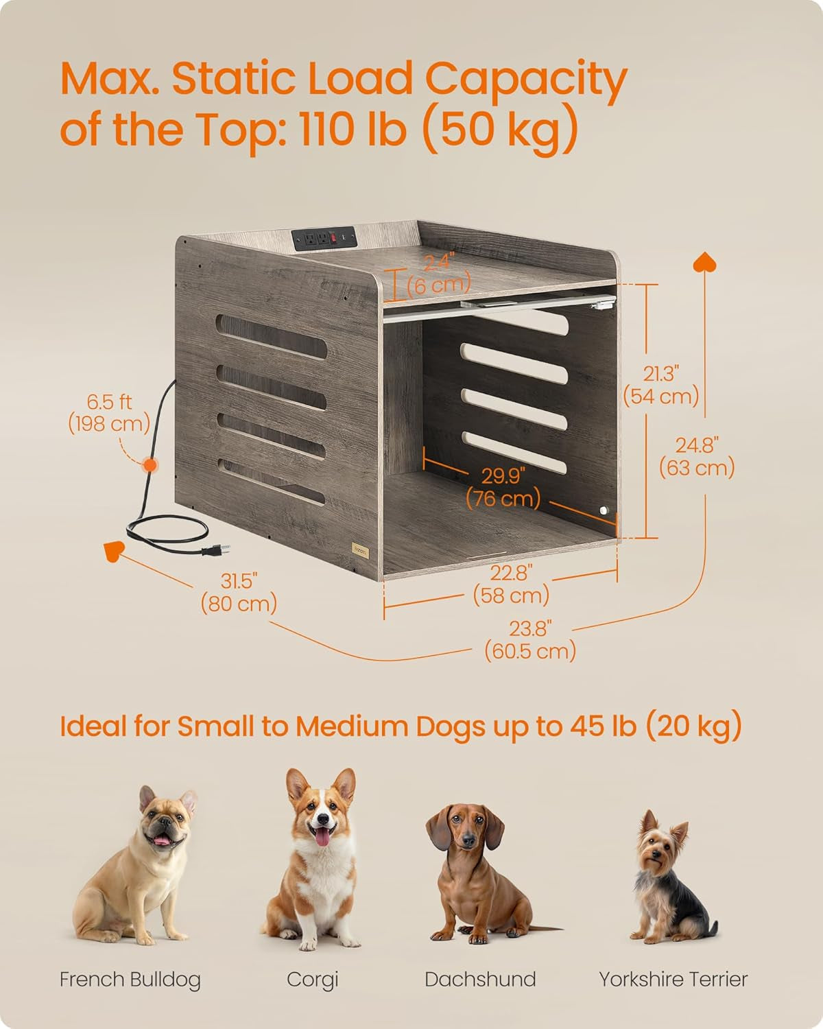 Modern Dog Crate Furniture with Charging Station, Kennel Indoor with Flip-Up Hidden Acrylic Door, for Small and Medium Dogs up to 45 Lb, Side End Table, Heather Greige UPOC021G01