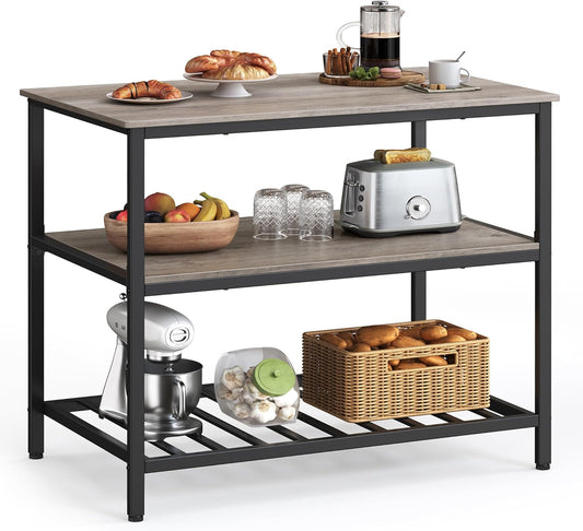 Kitchen Island with 3 Shelves, 39.4 Inches Width Kitchen Shelf with Large Worktop, Stable Steel Structure, Industrial, Easy to Assemble, Greige and Black UKKI005B02
