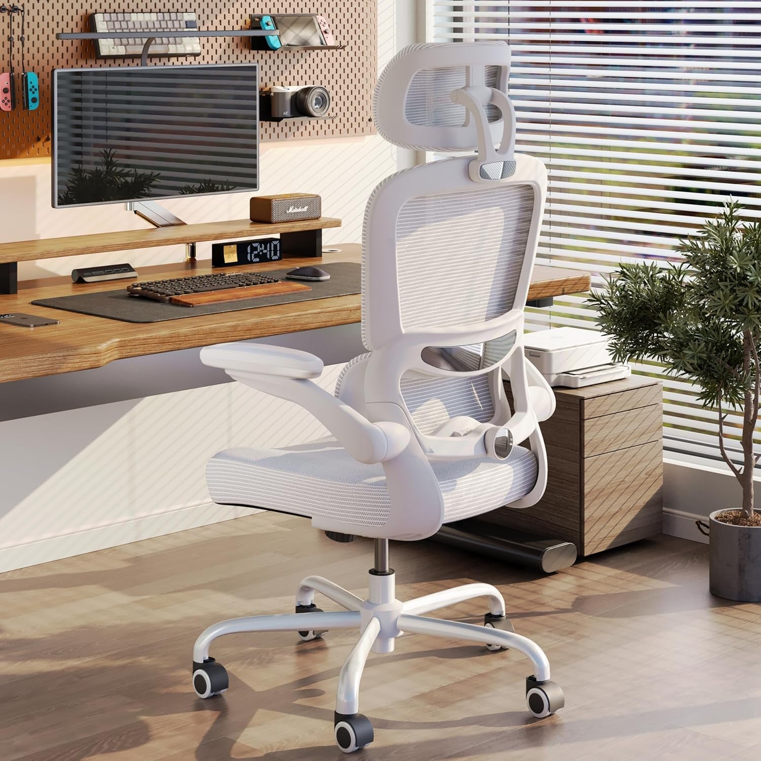 Ergonomic Office Chair - Desk Chair with Adjustable Headrest Lumbar Support Computer Chair - Mesh Comfy Chair with Flip-Up Armrests - Gaming Chairs for Adults Home Office (Leather, White)