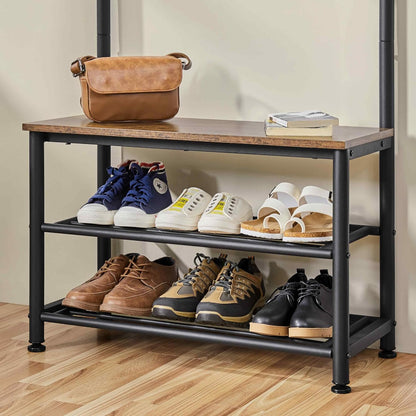 3-In-1 Hall Tree Coat Rack Shoe Bench with 9 Hooks and Storage Shelf, Industrial Entryway Storage Shelf Bench, Easy Assembly, Rustic Brown