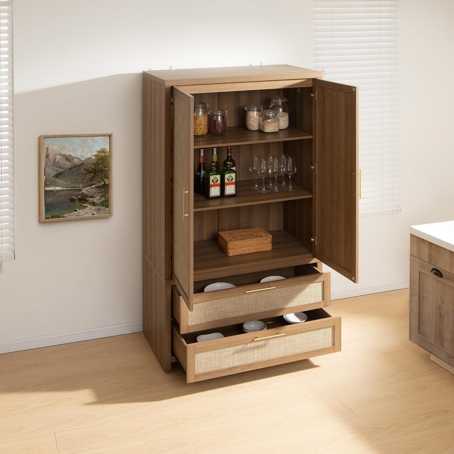 Rattan Armoire Wardrobe Closet Cabinet, 71" Tall Wardrobe Storage Cabinet with 2 Drawers and Hanging Rod, Boho Large-Capacity Deep Armoire Clothes Organizer for Bedroom, Cloak Room, Oak