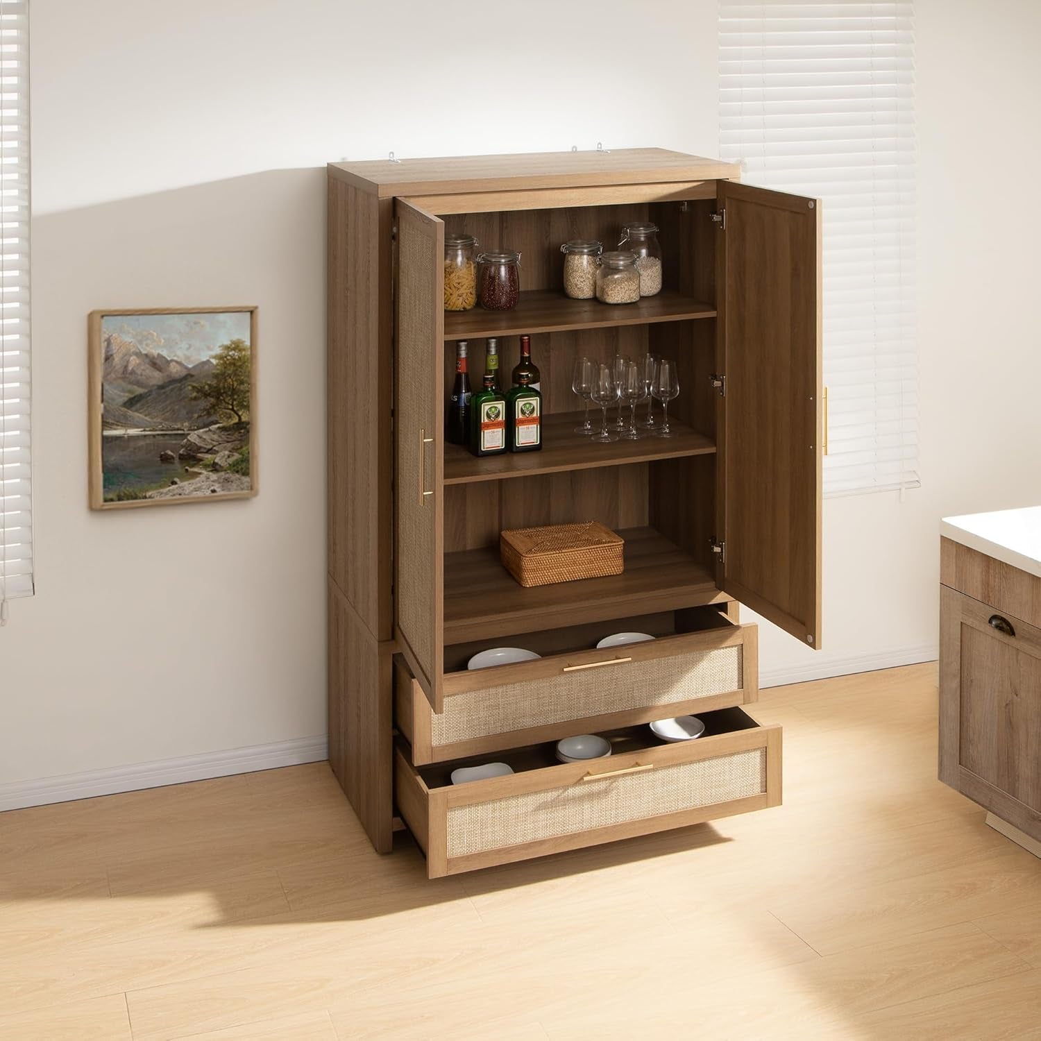 Rattan Armoire Wardrobe Closet Cabinet, 71" Tall Wardrobe Storage Cabinet with 2 Drawers and Hanging Rod, Boho Large-Capacity Deep Armoire Clothes Organizer for Bedroom, Cloak Room, Oak