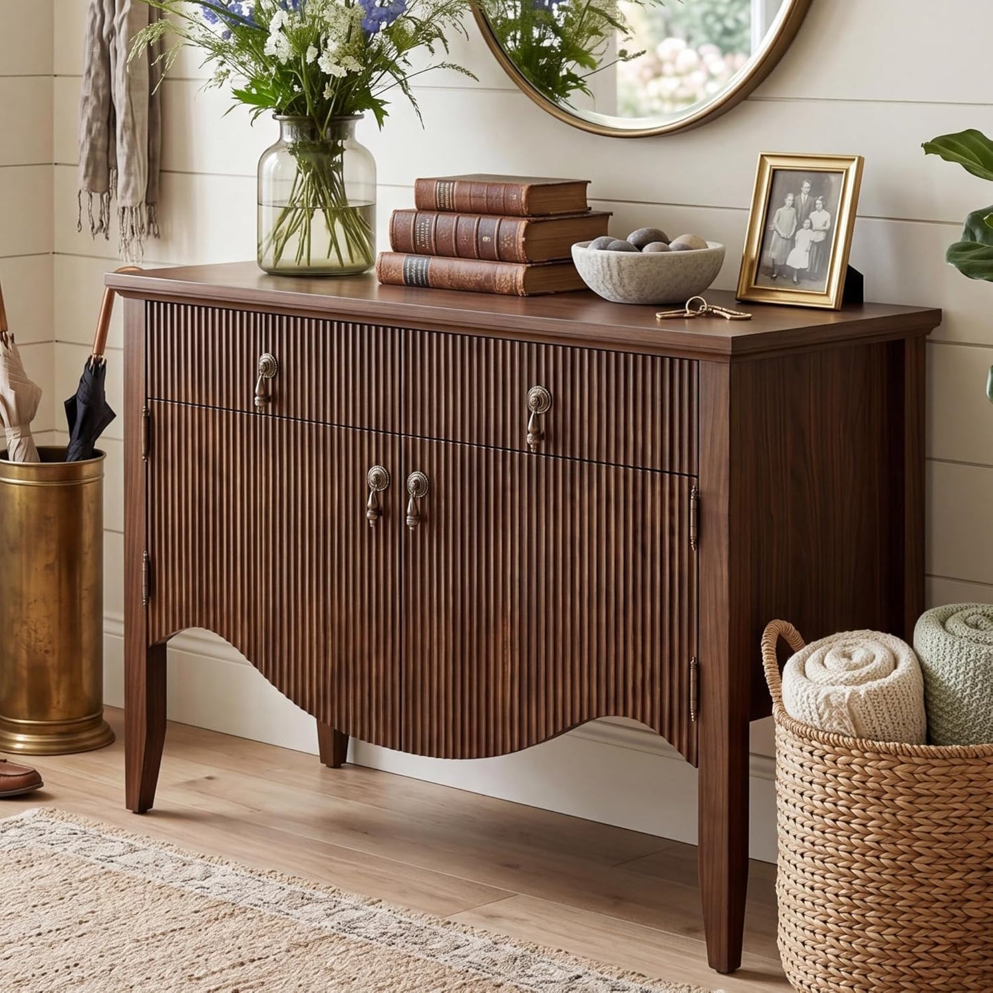 40" Retro Buffet Cabinet with Storage, Fluted Sideboard Credenza with Drawer, Accent Bar Cabinet for Living Room Furniture, Coffee Bar or Entryway, Dining Room, Walnut