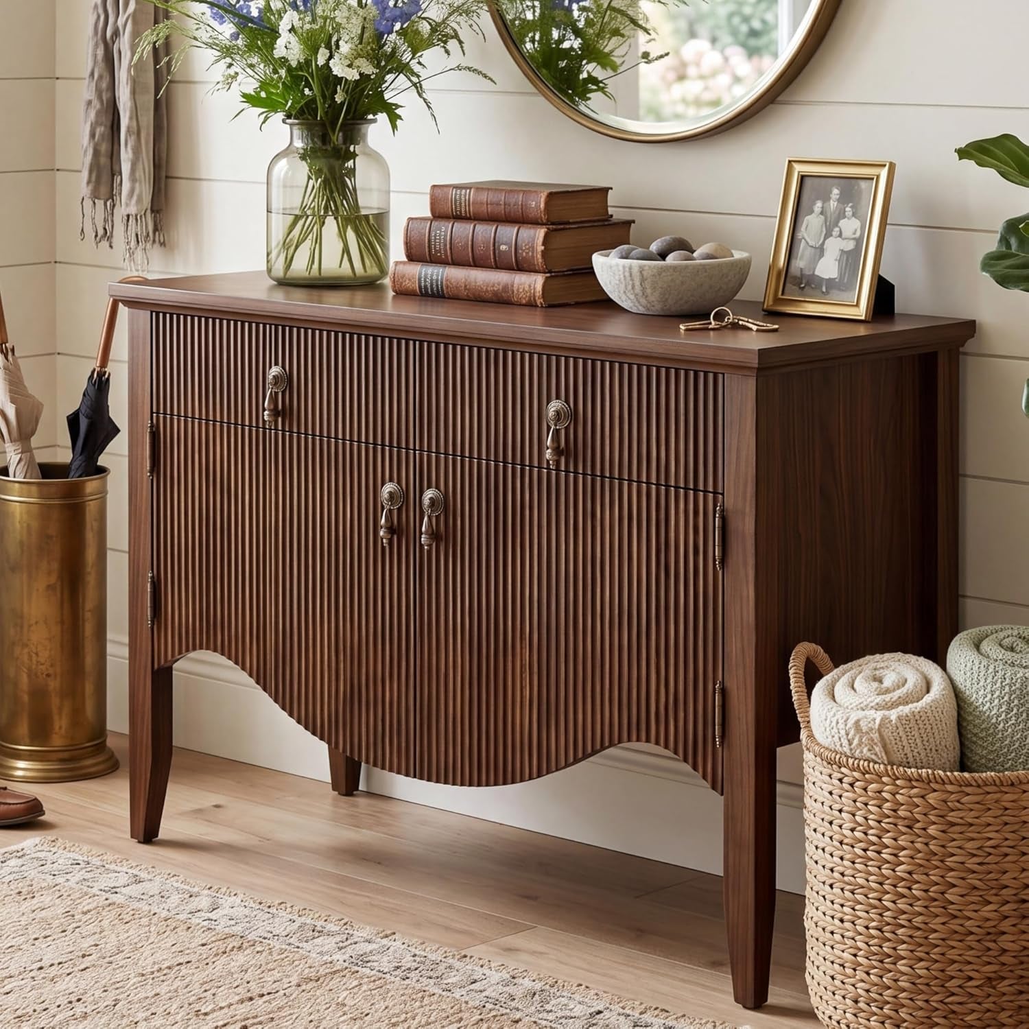 40" Retro Buffet Cabinet with Storage, Fluted Sideboard Credenza with Drawer, Accent Bar Cabinet for Living Room Furniture, Coffee Bar or Entryway, Dining Room, Walnut
