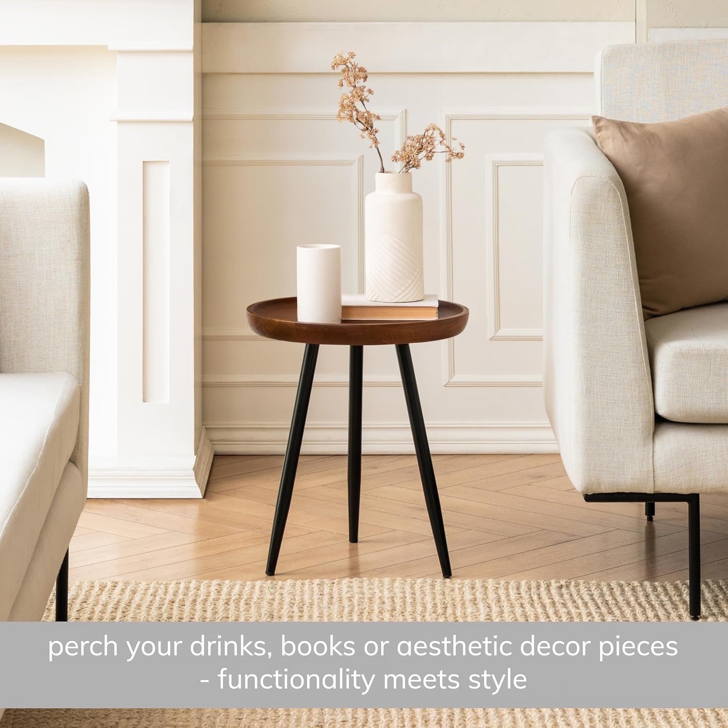 Lydia round Small End Table & Side Table Solid Wood, Walnut Top with Black Metal Legs, Nightstand, 15.75"X15.75"X18"