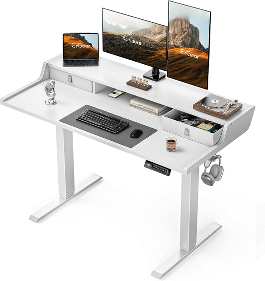Electric Standing Desk with Drawers, 48″ X 24″ Gaming Table Compatible Monitor Stand, Stand up Desks, Home Office Height-Adjustable Desk with Storage Shelf, 4 Preset Heights, White
