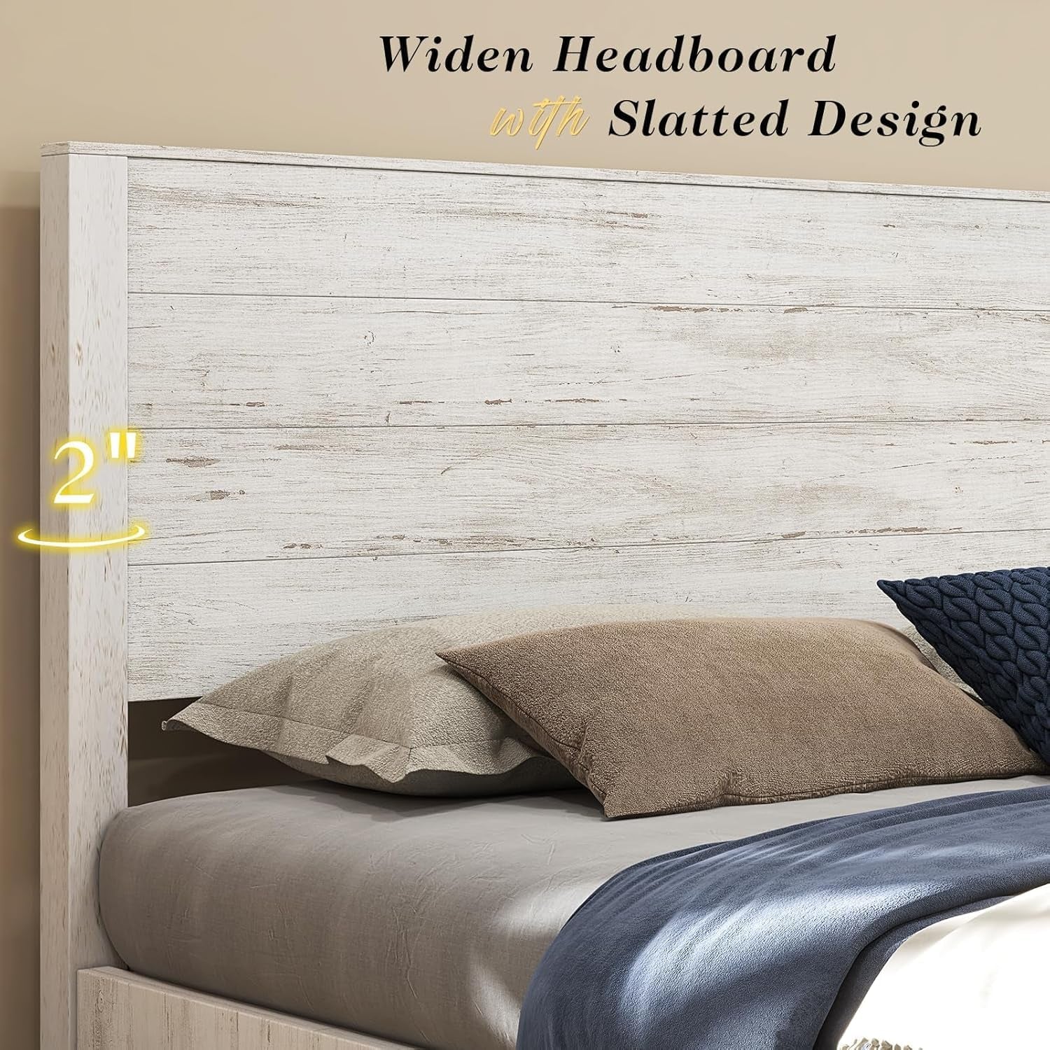 51.2" H Wood Bed Frame with Headboard, King Platform Bed Frame with Wooden Slat Support, No Box Spring Needed/Easy Assembly, Rustic Pine, Distressed White