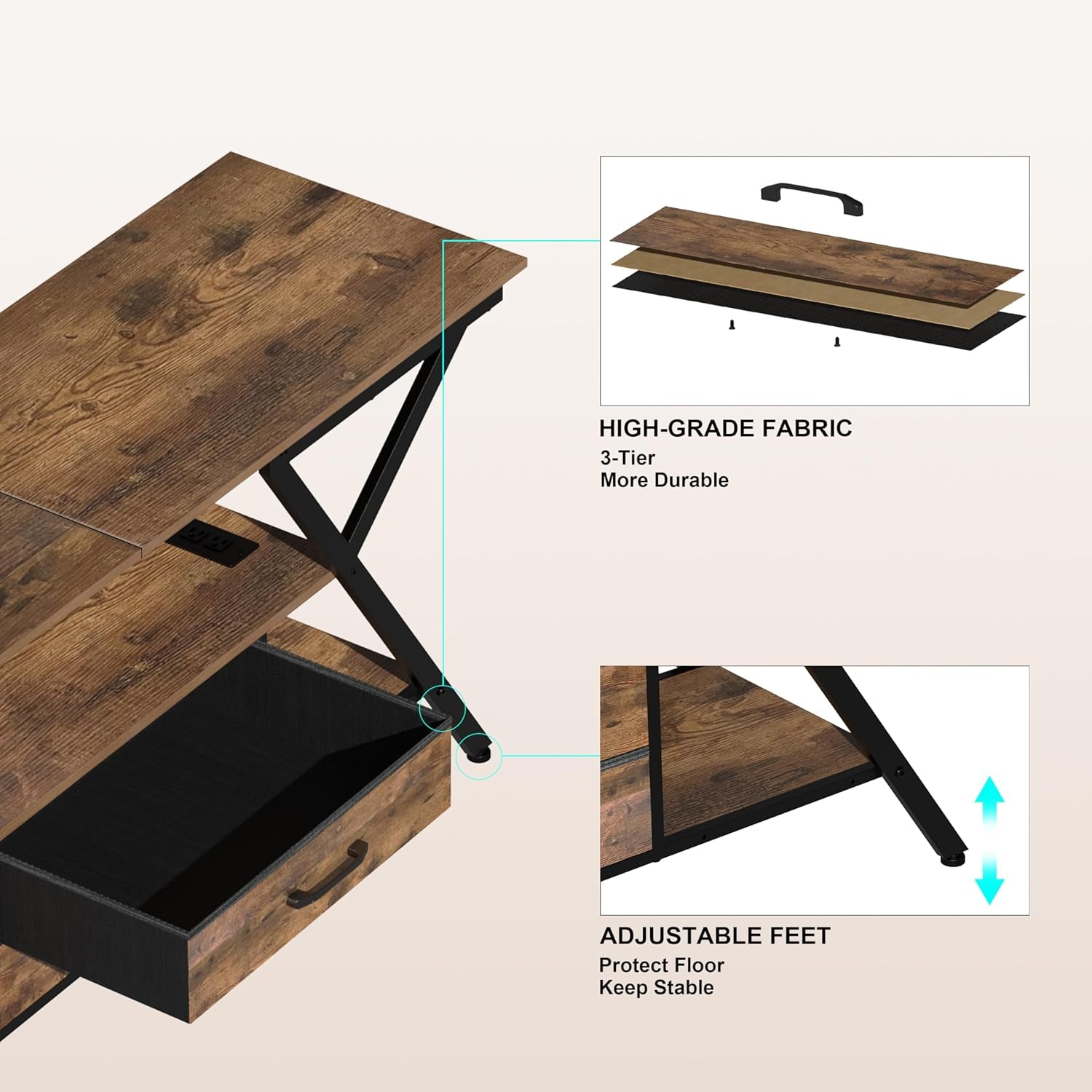 TV Stand with Power Outlet and LED Lights, Fits Tvs up to 65”, 2 Fabric Drawers Entertainment Center with Open Storage Shelves, Media Console for Living Room, Bedroom (Rustic Brown)