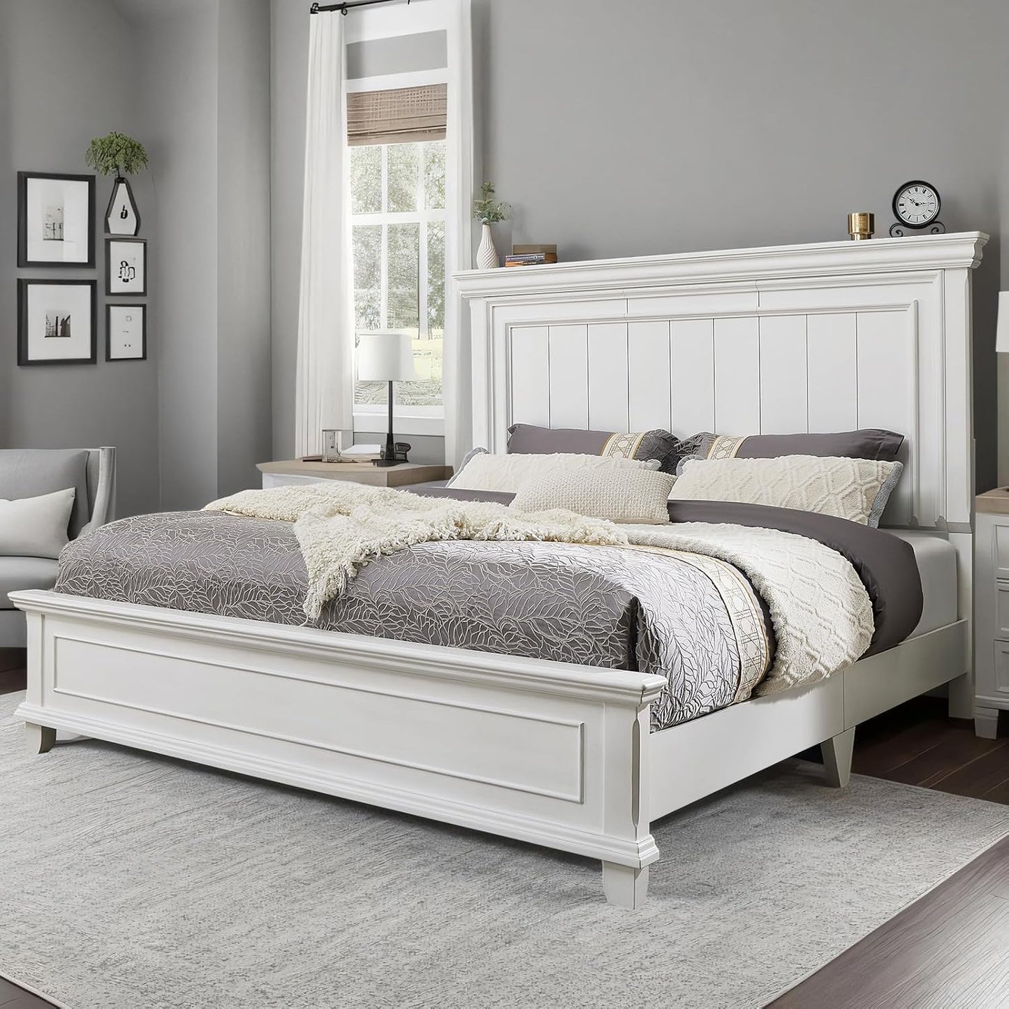 King Size Solid Wood Bed Frame with Headboard and Footboard, Noiseless Farmhouse Platform Bed, No Box Spring Needed, Rustic Bed Base with 12 Wood Slats Support, Distressed