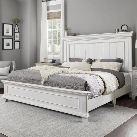 King Size Solid Wood Bed Frame with Headboard and Footboard, Noiseless Farmhouse Platform Bed, No Box Spring Needed, Rustic Bed Base with 12 Wood Slats Support, Distressed