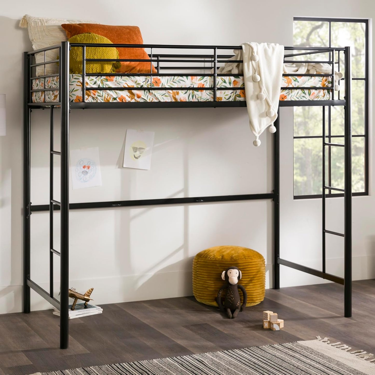Timothee Urban Industrial Metal Twin over Loft Bunk Bed, Twin Size, Black