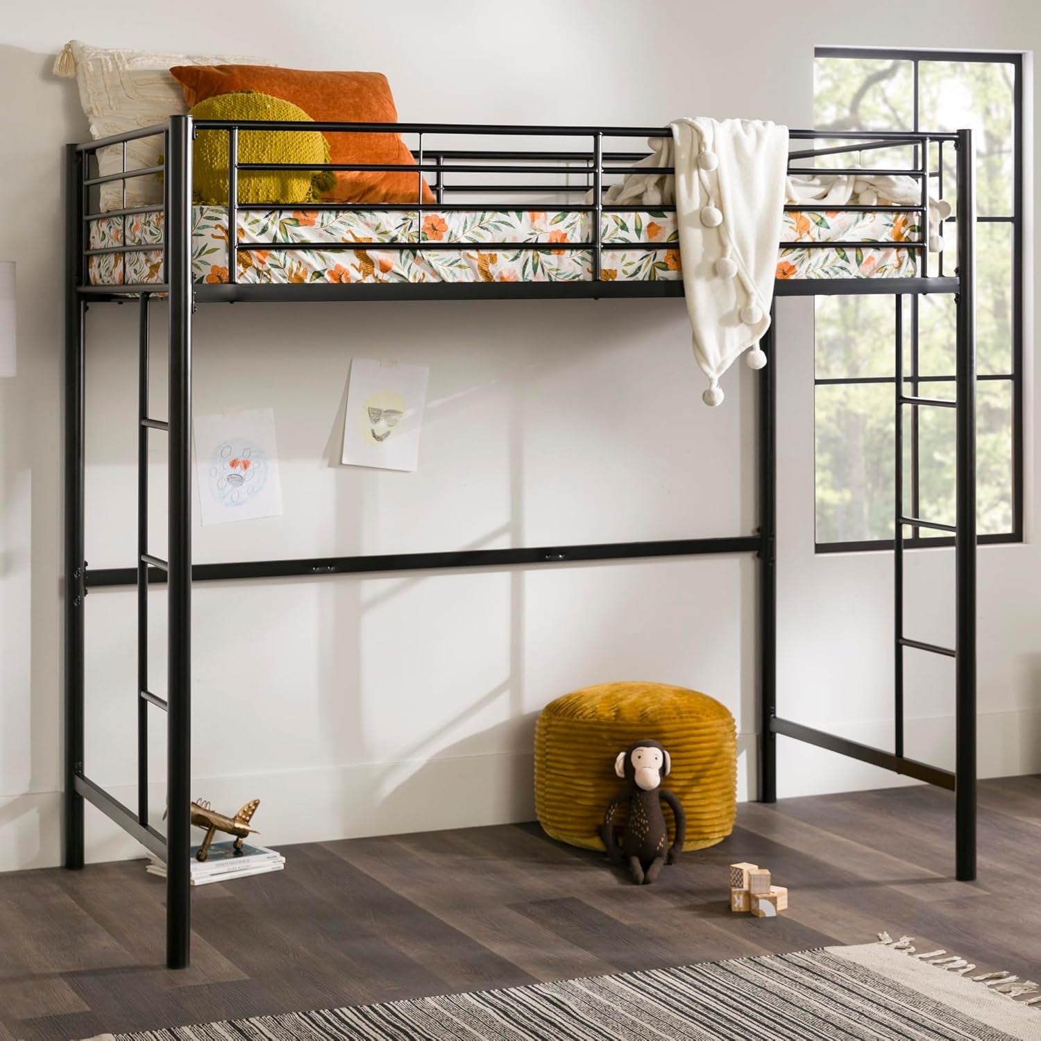 Timothee Urban Industrial Metal Twin over Loft Bunk Bed, Twin Size, Black