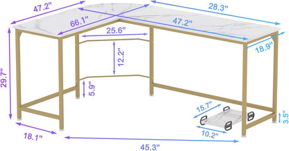 Reversible L Shaped Desk White - 66.1" Corner Gaming Computer Desk, Office Workstation Modern Home Study Writing Table, Marble Gold