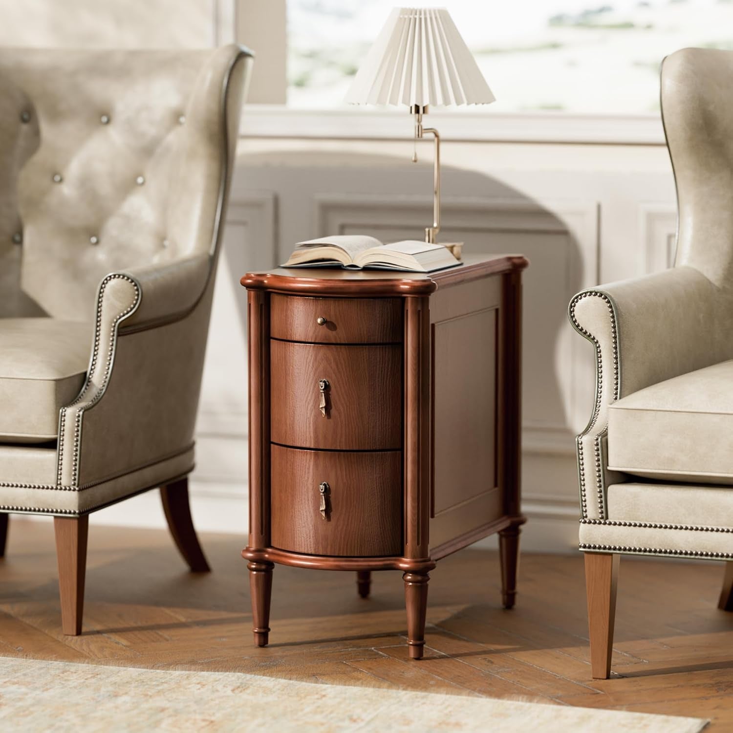 Nightstand W/Charging Station & 3 Drawers, Pre-Assembled, Vintage Side Table W/Antique-Finished Pulls, Rustic Wood Finish, Narrow End Table W/Turned Legs for Bedroom (1, Brown)
