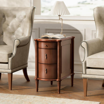 Nightstand W/Charging Station & 3 Drawers, Pre-Assembled, Vintage Side Table W/Antique-Finished Pulls, Rustic Wood Finish, Narrow End Table W/Turned Legs for Bedroom (1, Brown)