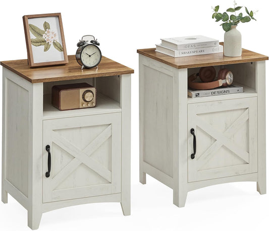 LIRY Collection - Farmhouse Nightstand with Barn Door, Set of 2, Bedside Table with Storage, Side End Table, Night Stand, Open Compartment, for Bedroom, Rustic White and Honey Brown ULET809K41
