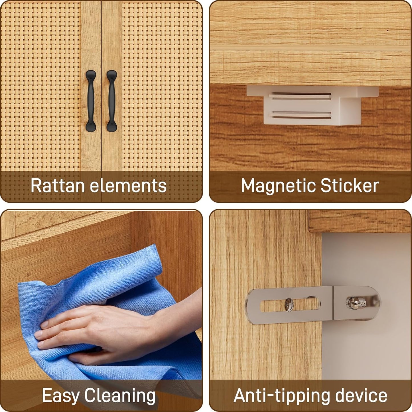 Farmhouse Style Rattan Over-The-Toilet Storage Cabinet with 2 Rattan Doors, Toilet Paper Holder - Space-Saving Oak Bathroom Organizer