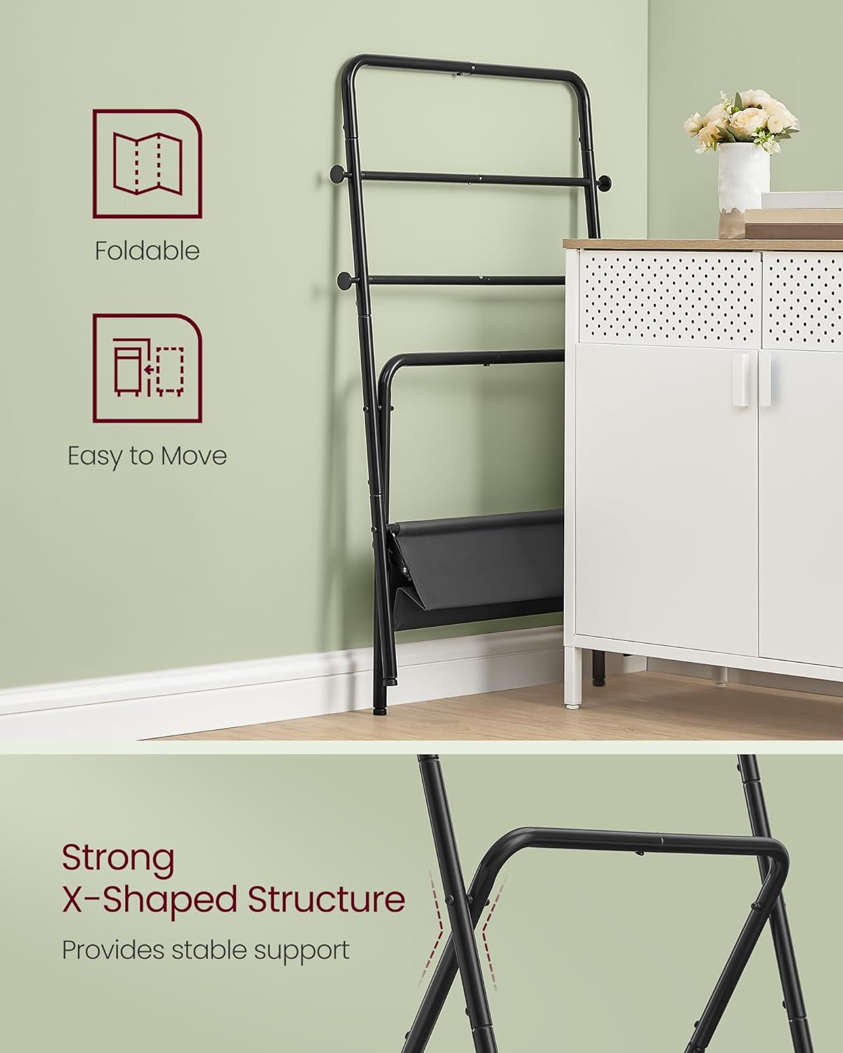 Freestanding Towel Rack, Foldable Blanket Holder, Towel Holder with 4 Hooks, Fabric Basket, 39 Inches High, for Bedroom, Living Room, Bathroom, Ink Black and Slate Gray ULLS020B01
