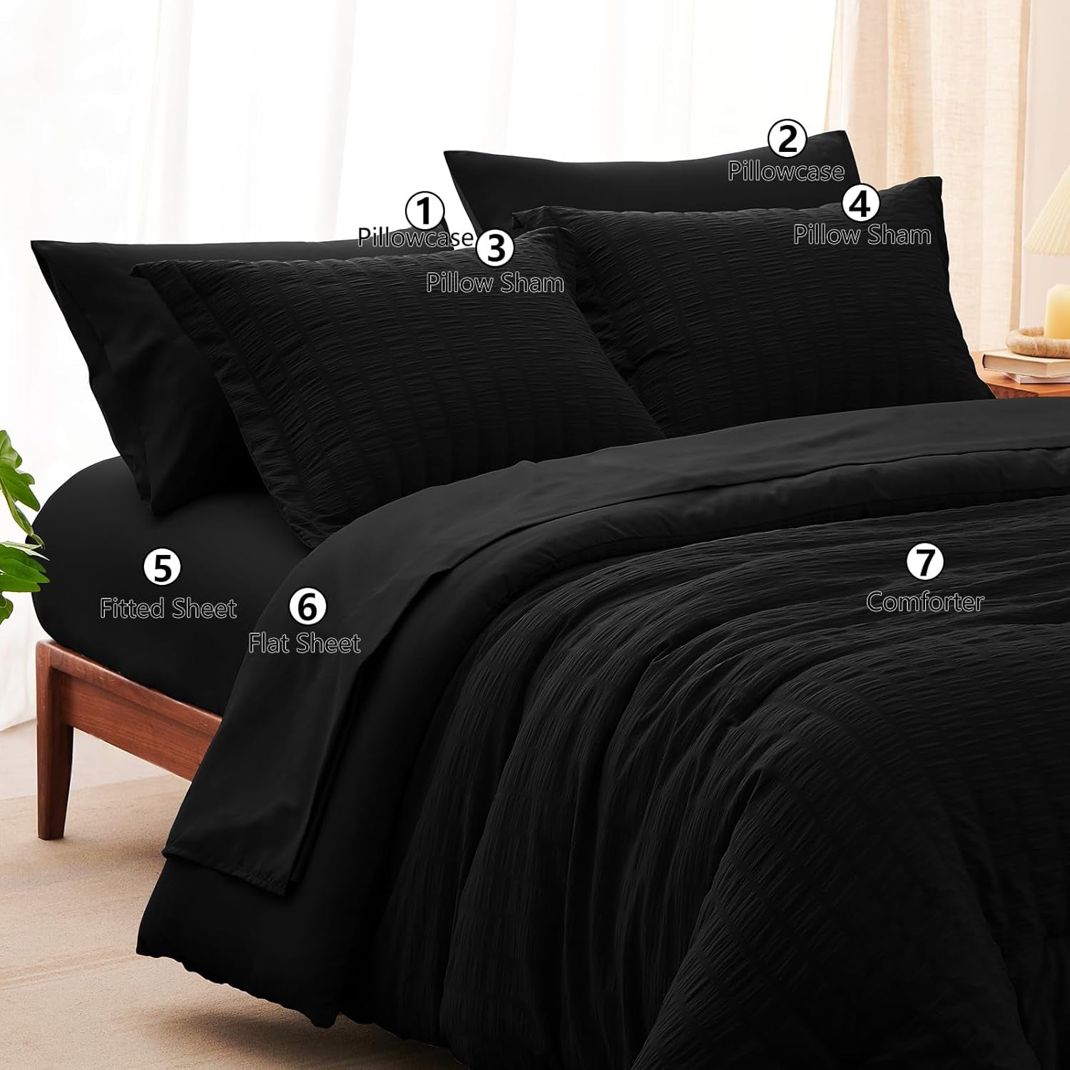 King Size Comforter Set Black Seersucker 7 Pieces Bed in a Bag King Comforter Set with Sheets, Luxury Soft Bedding Sets with down Alternative Comforter, Sheets, Pillowcases & Shams All Seasons