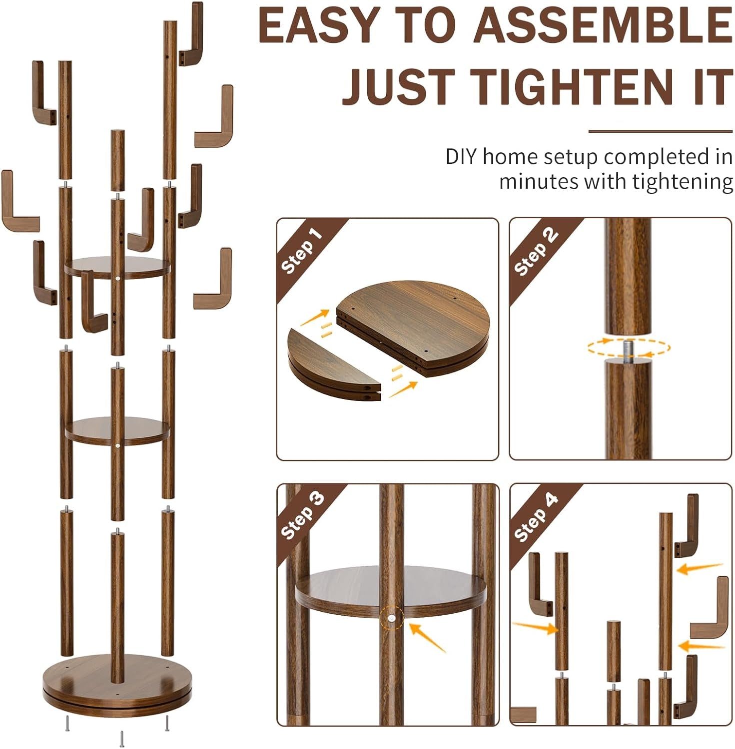Rotary Coat Rack Freestanding - Solid Wood Coat Tree with 9 Hooks & 3 Storage Shelves for Purse, Bag, Jacket, Hat, Corner Hanger Stand Racks for Hall, Entryway, Office, Modern Clothes Holder
