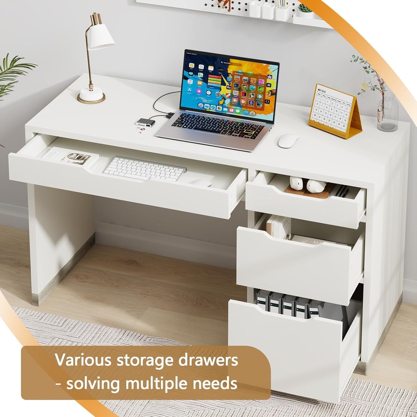 52 Inch White Desk with 4 Drawers, Computer Desk with Storage for Small Spaces with Storage File Cabinet, Small Home Office Desk with Drawers for Bedroom