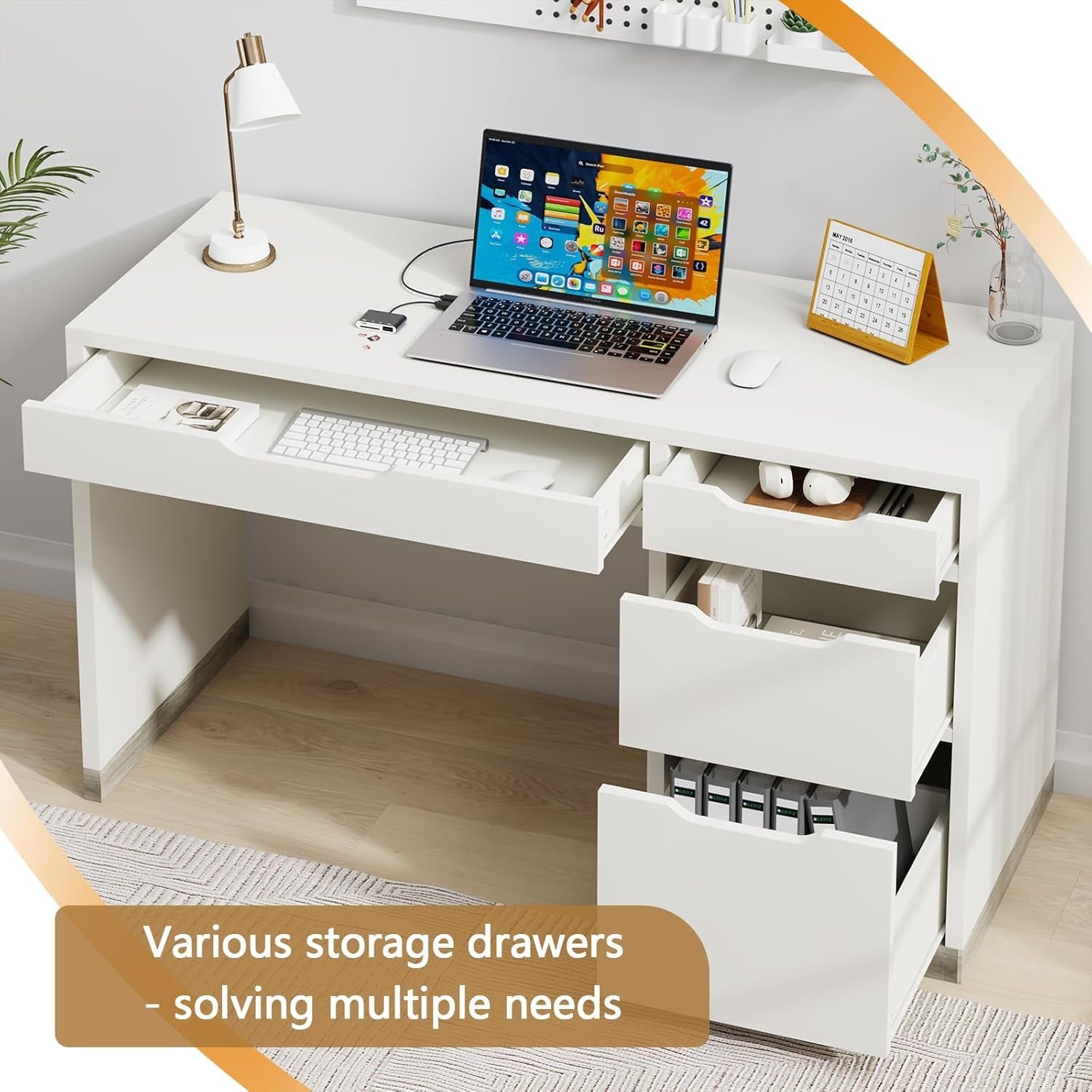 52 Inch White Desk with 4 Drawers, Computer Desk with Storage for Small Spaces with Storage File Cabinet, Small Home Office Desk with Drawers for Bedroom