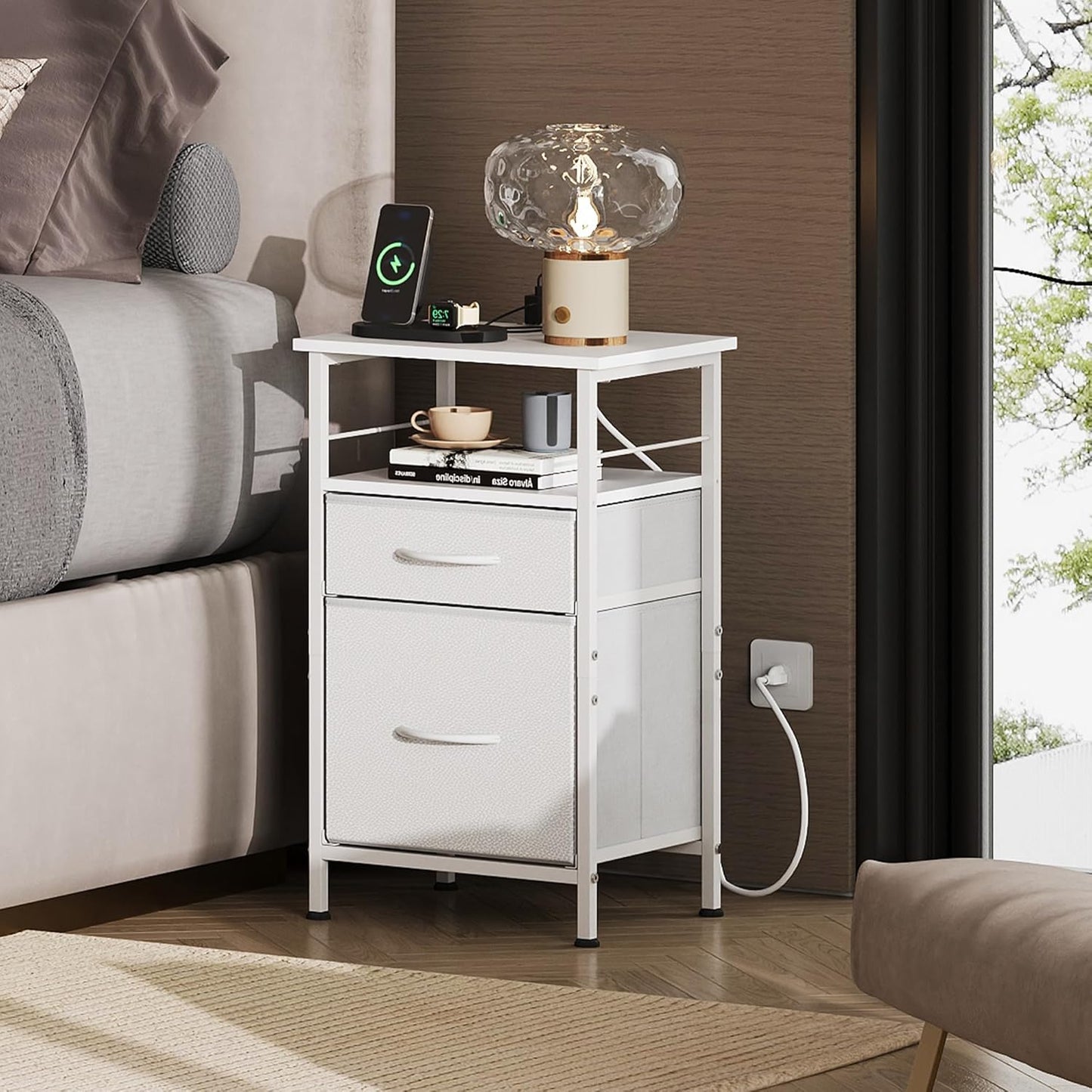 Night Stand Set 2, White Nightstand with Charging Station, Nightstands for Bedroom Set of 2, Bedside Tables, Side Table with 2 Fabric Drawers, Small Dresser with USB Ports and Outlets