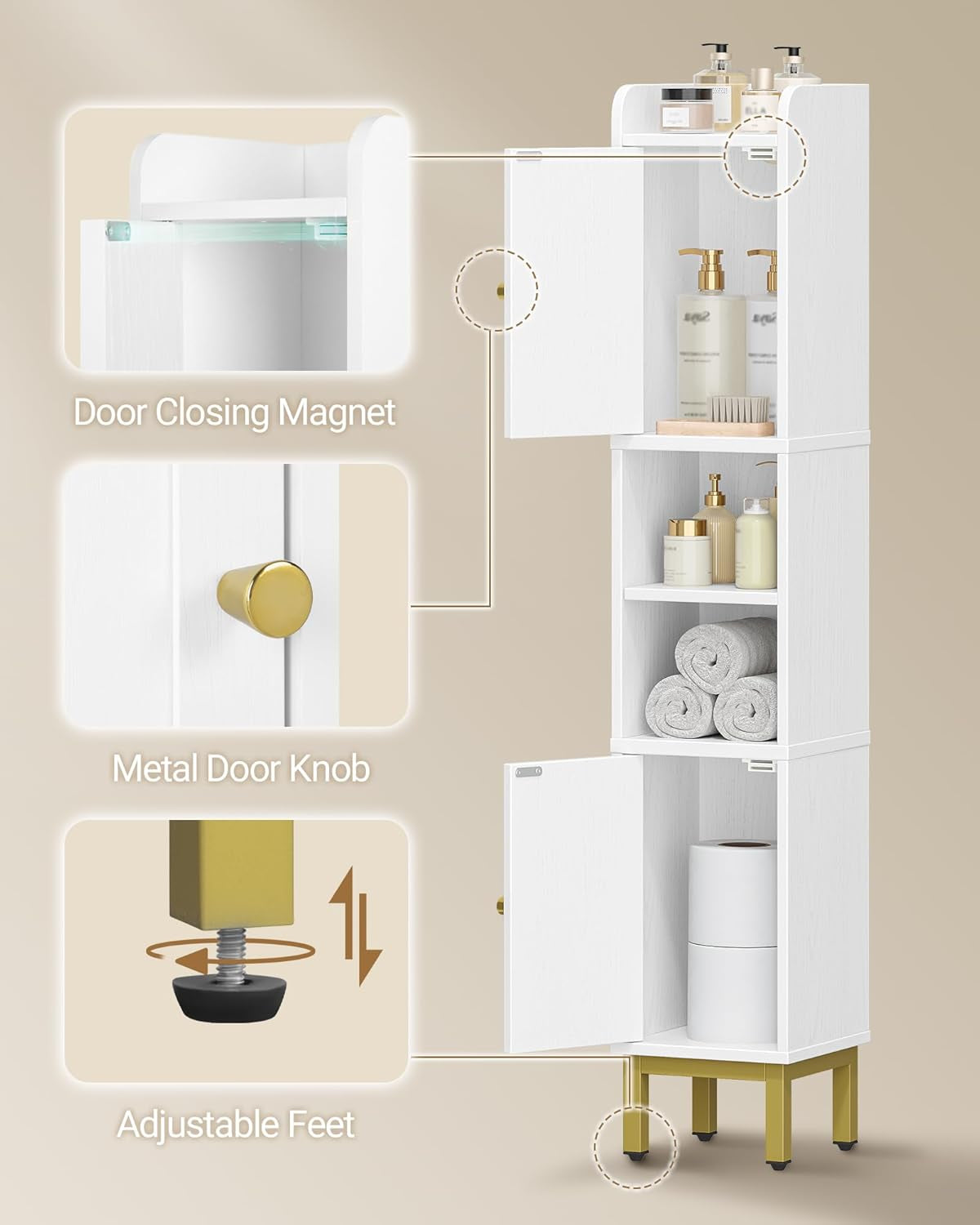 Narrow Bathroom Storage Cabinet, Bathroom Organizers and Storage with 2 Doors, Open Space，Adjustable Shelf, Laundry Room Organization for Small Space, Kitchen, Living Room, White BC22413G