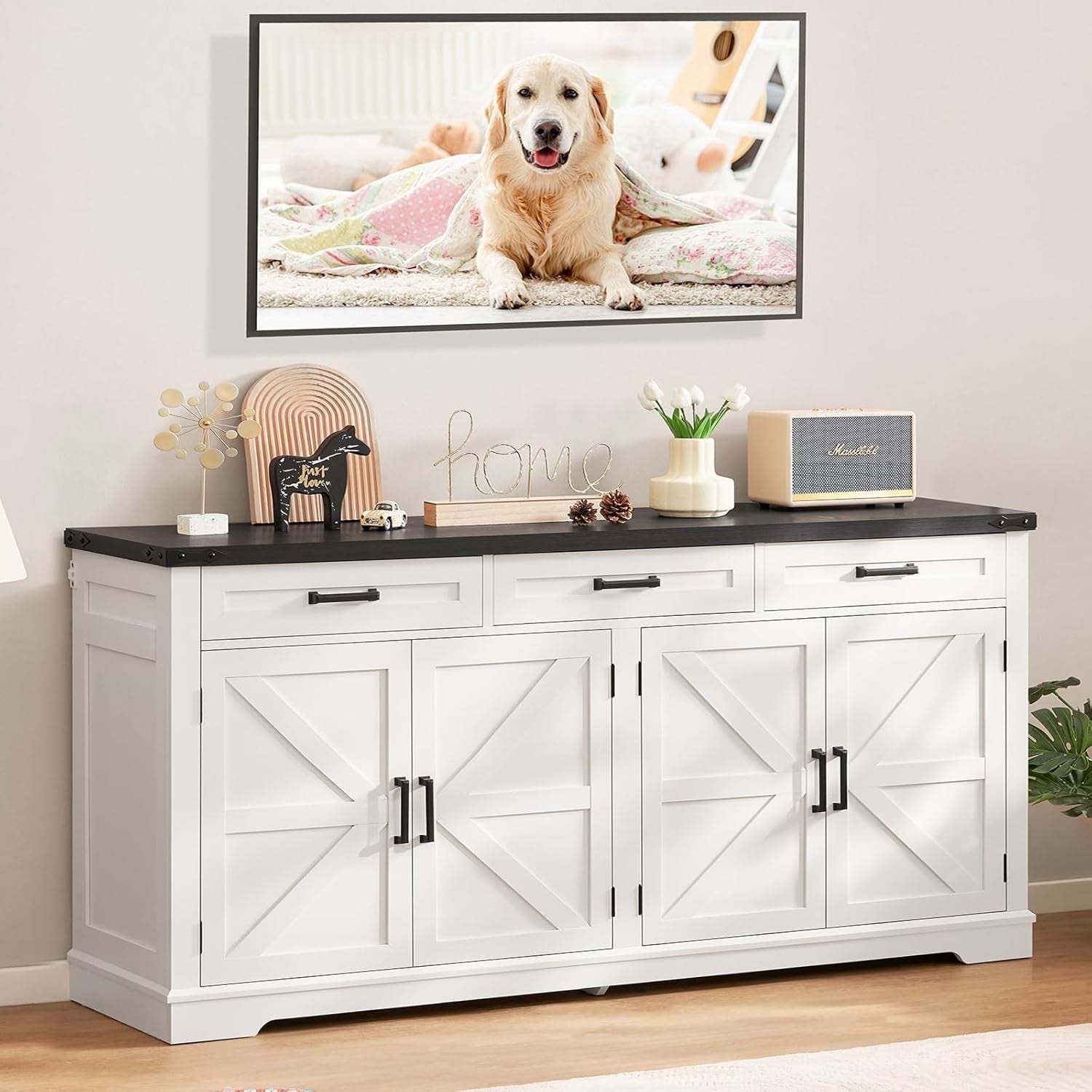 61” Large Sideboard Buffet Cabinet with 4 Doors and 3 Drawers, Farmhouse Buffet Table, Dining Room Storage Cabinet for Kitchen or Living Room, White