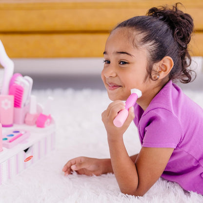 Wooden Beauty Salon Play Set, 18-Piece Vanity with Pretend Play Toys, Makeup, Mirror, Accessories & More, Preschool Toys for Girls & Boys Ages 3+ - FSC Certified