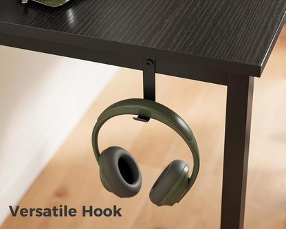 48 Inch Small Computer Desk for Home Office, Study Writing Table for Small Spaces, Simple Modern Desk with Headphone Hooks, Pure Black