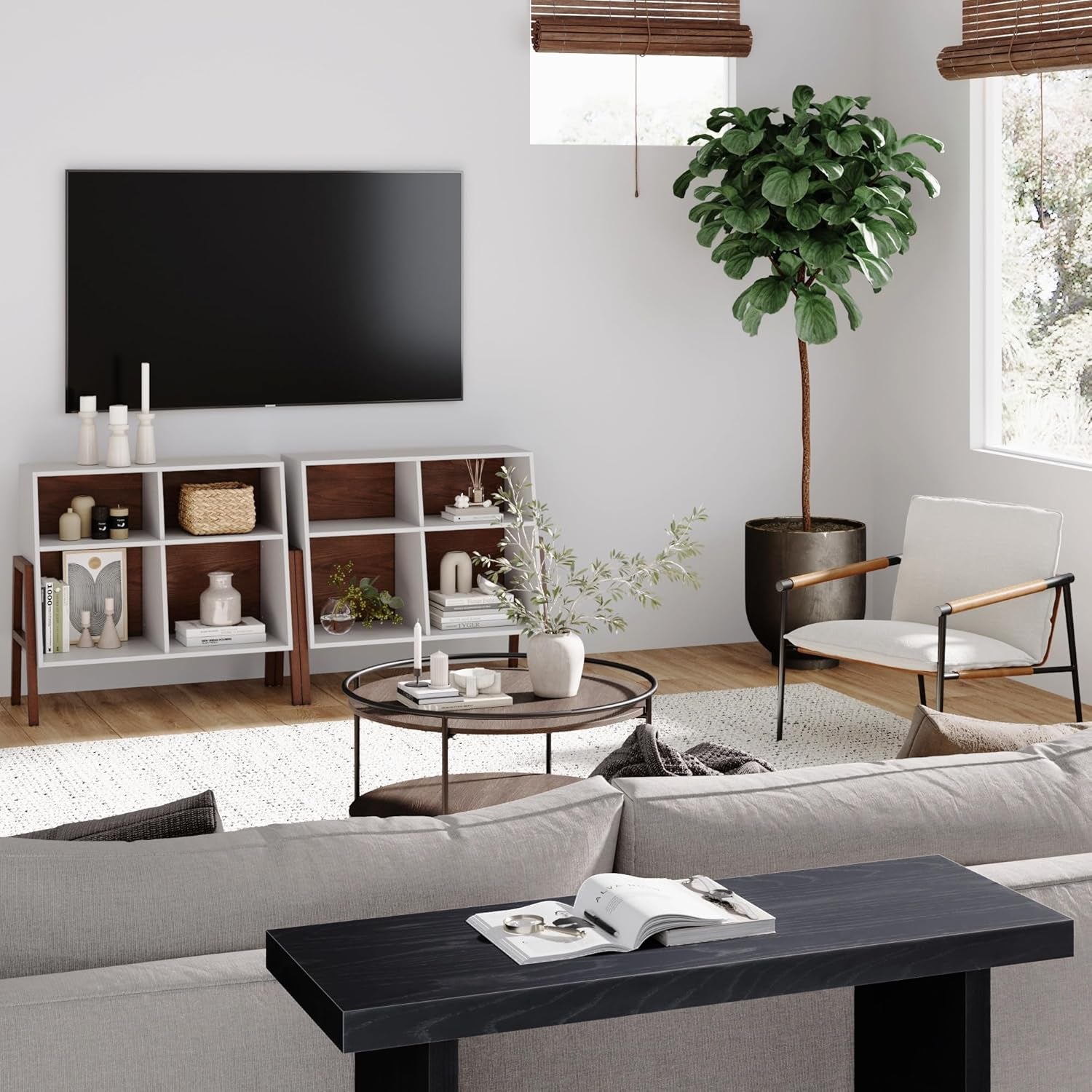 Telos 4-Cube White TV Stand with Open Cubby Shelf with Angled Design, Brown/Glossy White, Set of 2