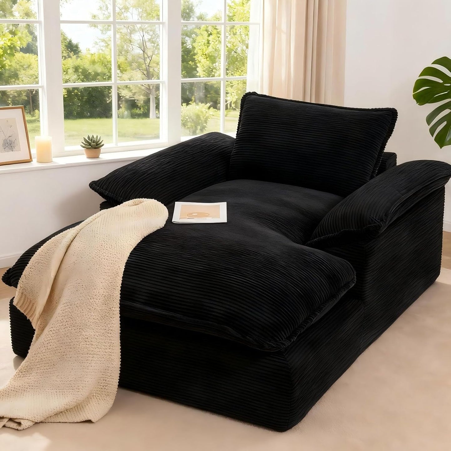 Oversized Chaise Lounge Chair Indoor, 67" Boneless Chaise Lounge with Extra Deep Seat, Comfy Corduroy Upholstered Sleeper Sofa Bed, Cozy Fluffy Single Sofa Armchair for Living Room, Black
