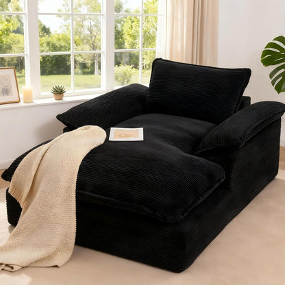 Oversized Chaise Lounge Chair Indoor, 67" Boneless Chaise Lounge with Extra Deep Seat, Comfy Corduroy Upholstered Sleeper Sofa Bed, Cozy Fluffy Single Sofa Armchair for Living Room, Black