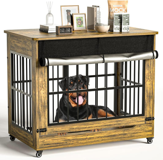 38" Dog Crate Furniture, Double Door Wooden Indoor Dog Kennel Furniture, Decorative Pet Cage End Table with Wheels for Large and Medium Breed Dogs, Size L, Rustic Brown