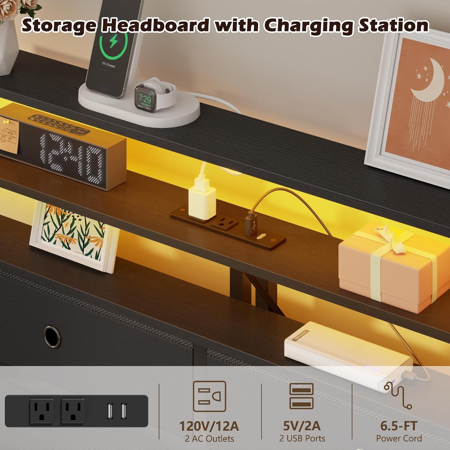 Twin Bed Frames with Charging Station and LED Lights, Wood Headboard with 2 Fabric Drawers and Storage Shelves, Twin Size Platform Bed with Metal Slats, No Box Spring Needed, Black Oak