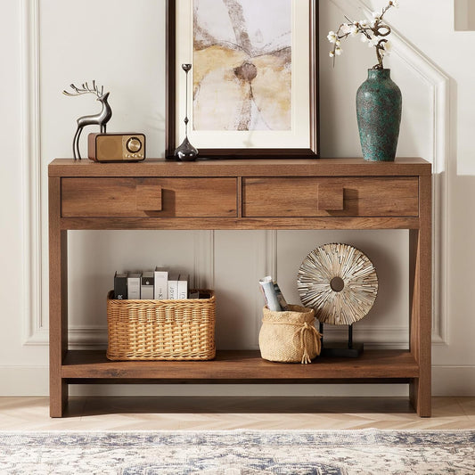 Console Table with Drawers, 47 Inch Narrow Entryway Table with Open Storage Shelves, Mid Century Modern Hallway Accent Tables behind Couch Table for Living Room (Vintage Brown)