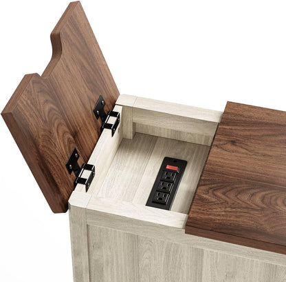 Farmhouse End Table with Charging Station, Narrow Side Table for Living Room, Sofa Side Table with Drawer and Storage Cabinet, Small Nightstand for Home Office