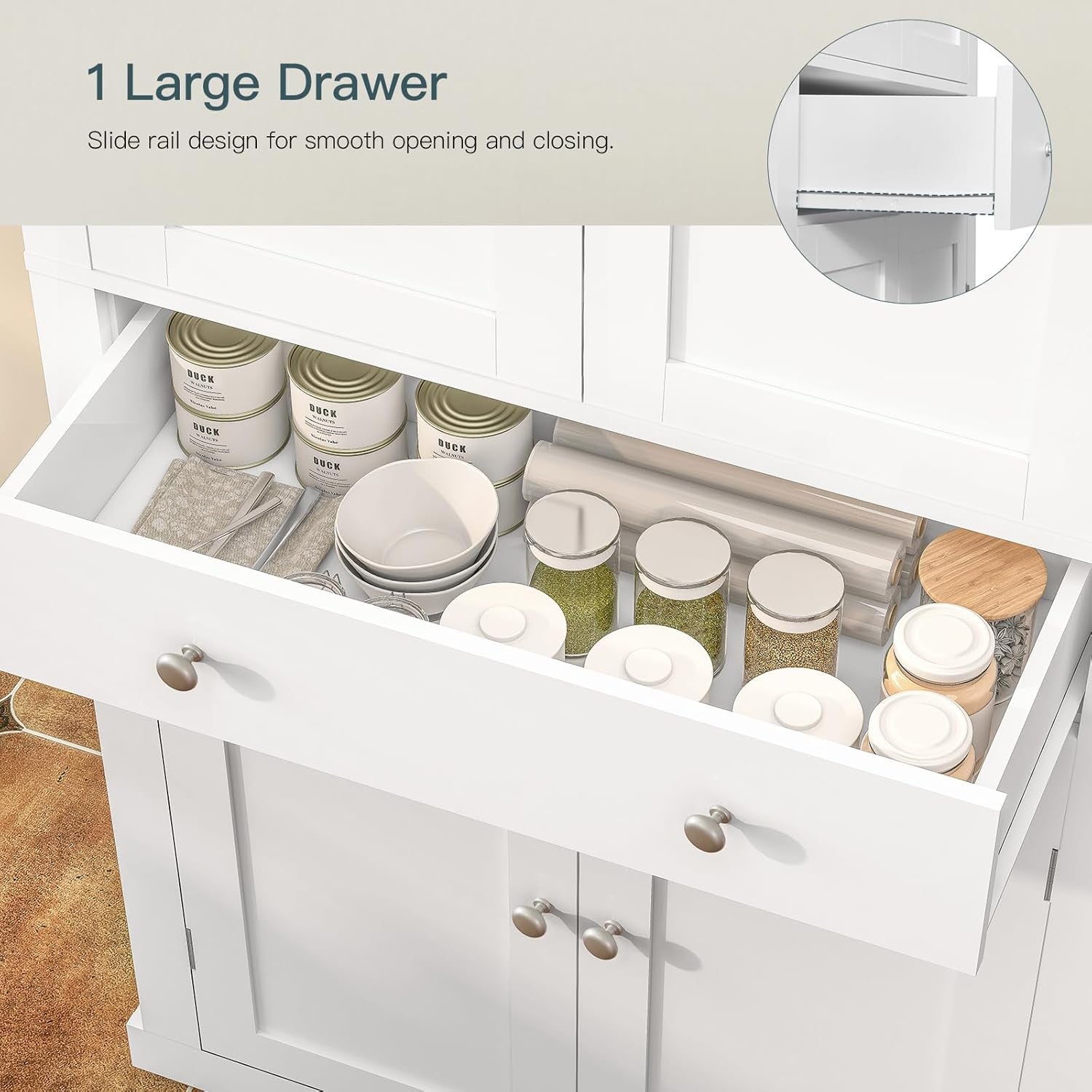 72” Pantry Cabinet, Tall Kitchen Storage Cabinet with 4 Doors and 1 Drawer, Cupboard with 6 Hanging Shelves and Adjustable Shelves for Kitchen, Dining Room, Living Room, White