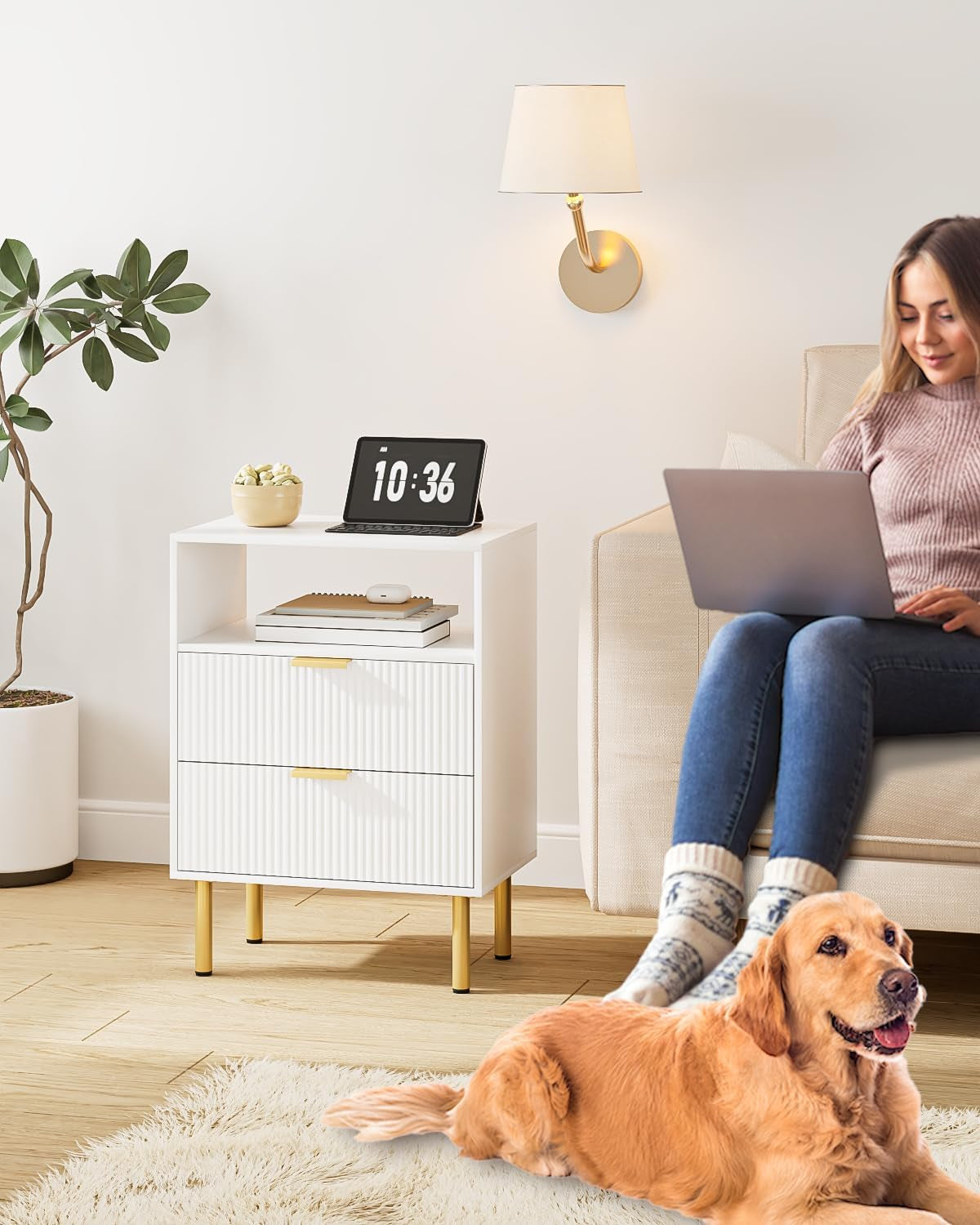 Night Stand,Tall Bedside Table with 3Storage Drawers,White Nightstand,Bedside Furniture,Side Table with Gold Frame,End Table for Bedroom,Living Room (Modern-2Drawers 1Shelf, White)