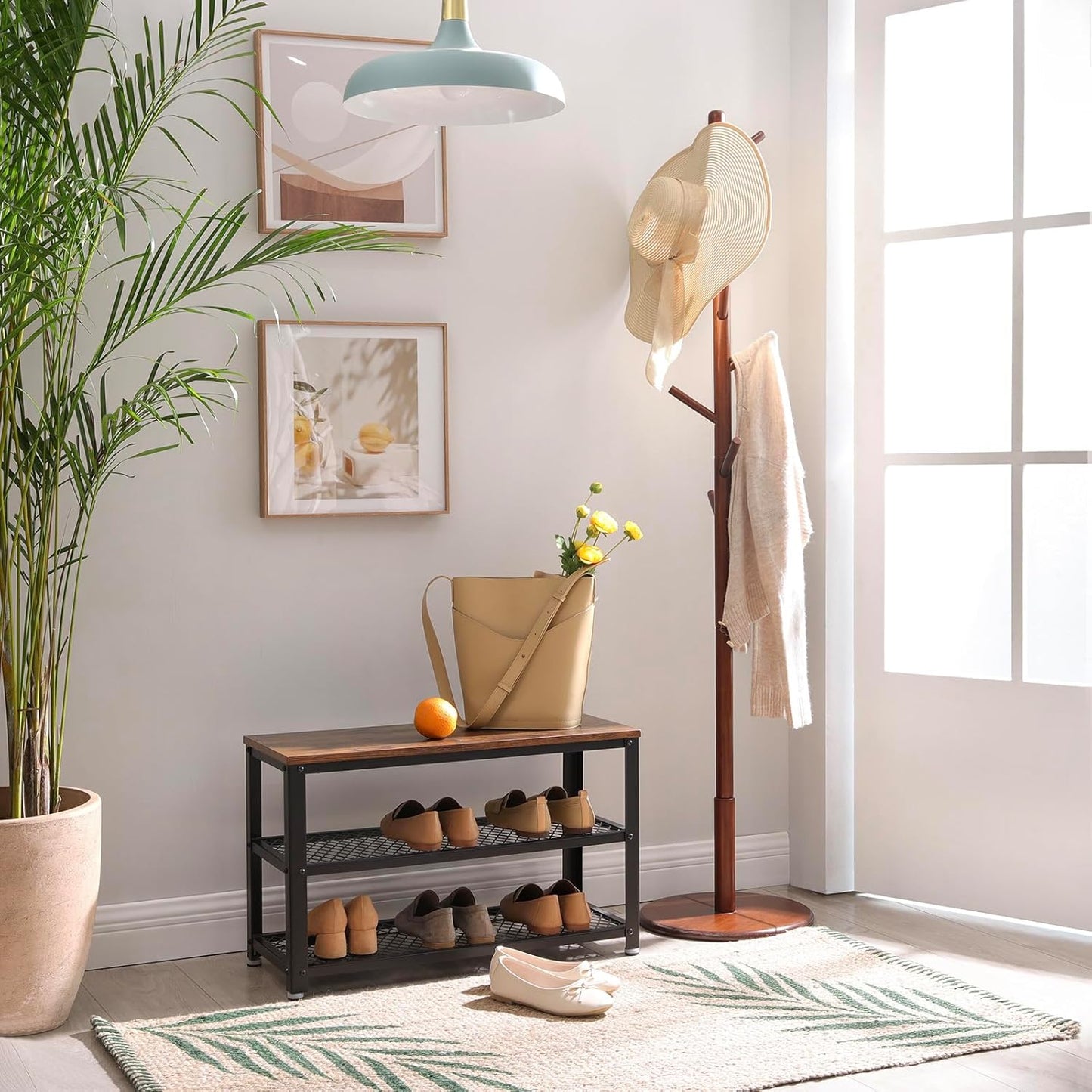 Solid Wood Coat Rack, Free Standing Hall Coat Tree with 7 Hooks, 3 Height Options, for Coats, Hats, Bags, Purses, for Entryway, Hallway, Rubberwood Hooks and Pole, Dark Walnut URCR07WN