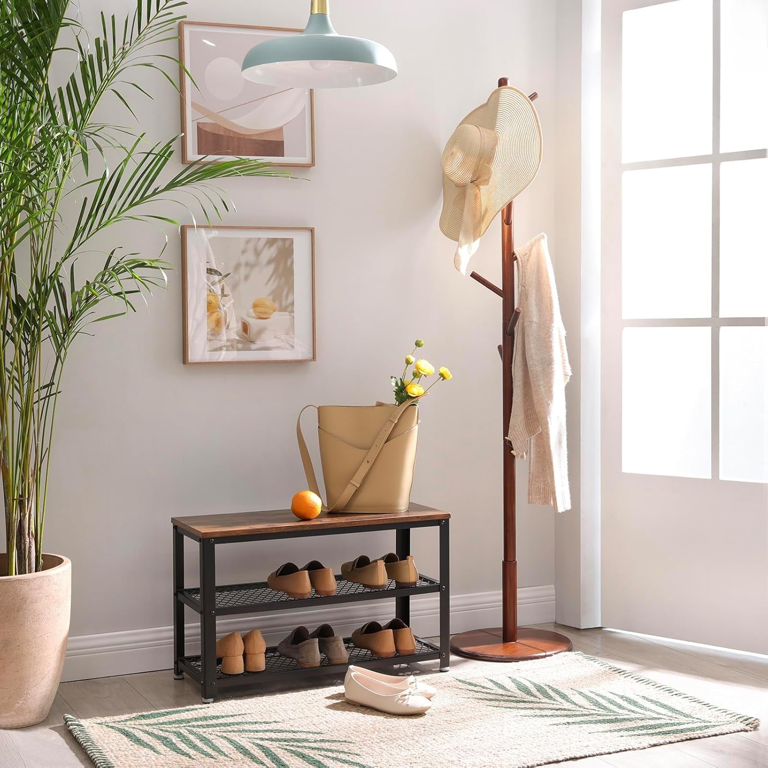 Solid Wood Coat Rack, Free Standing Hall Coat Tree with 7 Hooks, 3 Height Options, for Coats, Hats, Bags, Purses, for Entryway, Hallway, Rubberwood Hooks and Pole, Dark Walnut URCR07WN
